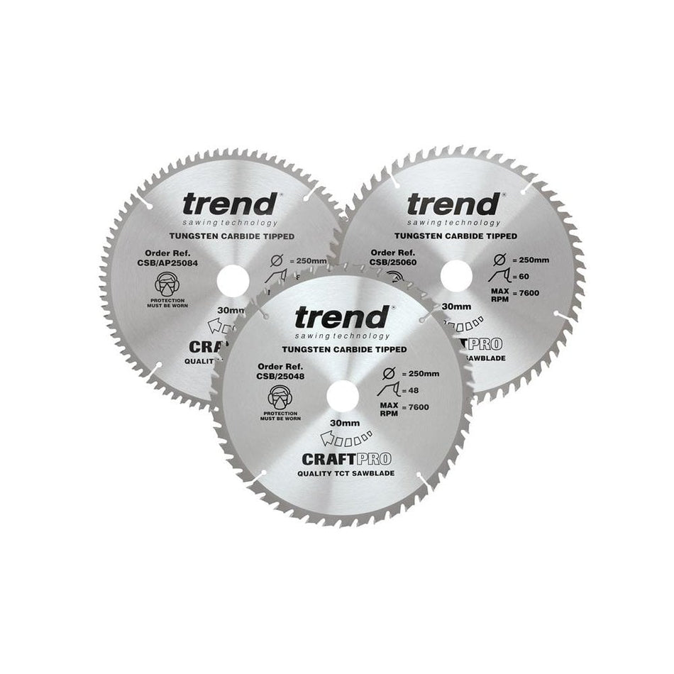 Trend CraftPro Table Saw Blade 250 x 30mm x 48T/60T/84T (Pack 3)