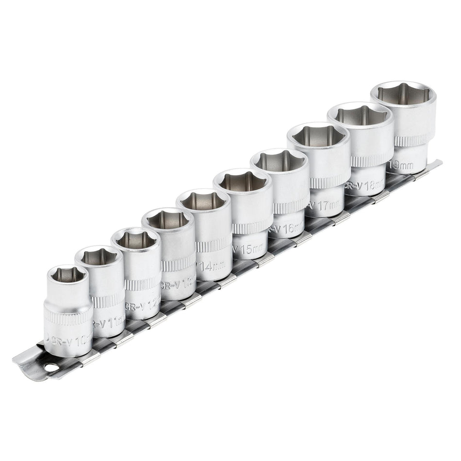 DRAPER 3/8" Square Drive Socket Set on Metal Rail (10 Piece) : Model No. DD10MM