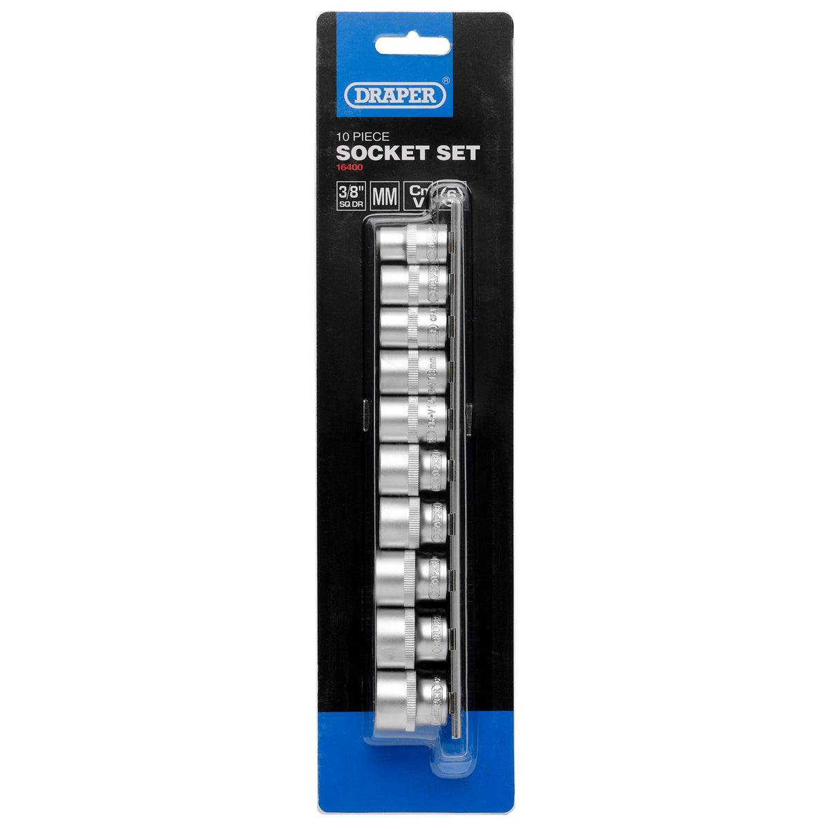DRAPER 3/8" Square Drive Socket Set on Metal Rail (10 Piece) : Model No. DD10MM