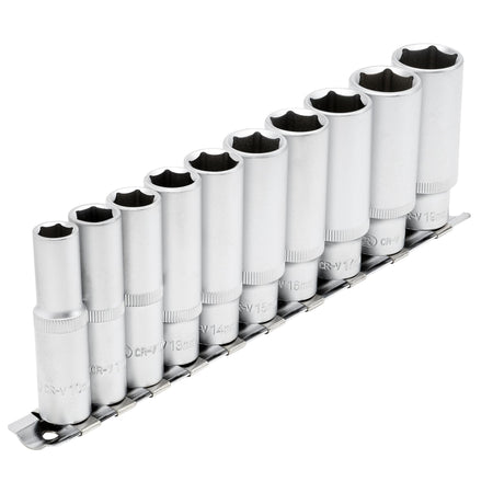 DRAPER 3/8" Square Drive Deep Socket Set on Metal Rail (10 Piece) : Model No. DD10MMD
