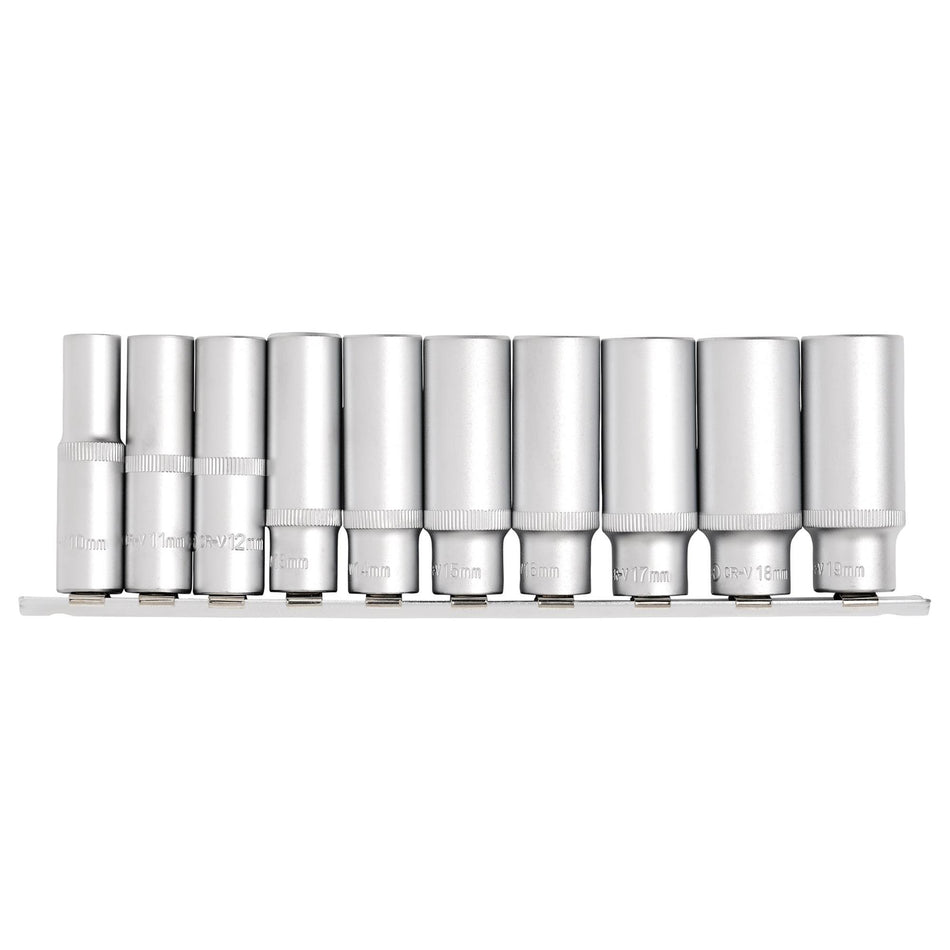 DRAPER 3/8" Square Drive Deep Socket Set on Metal Rail (10 Piece) : Model No. DD10MMD