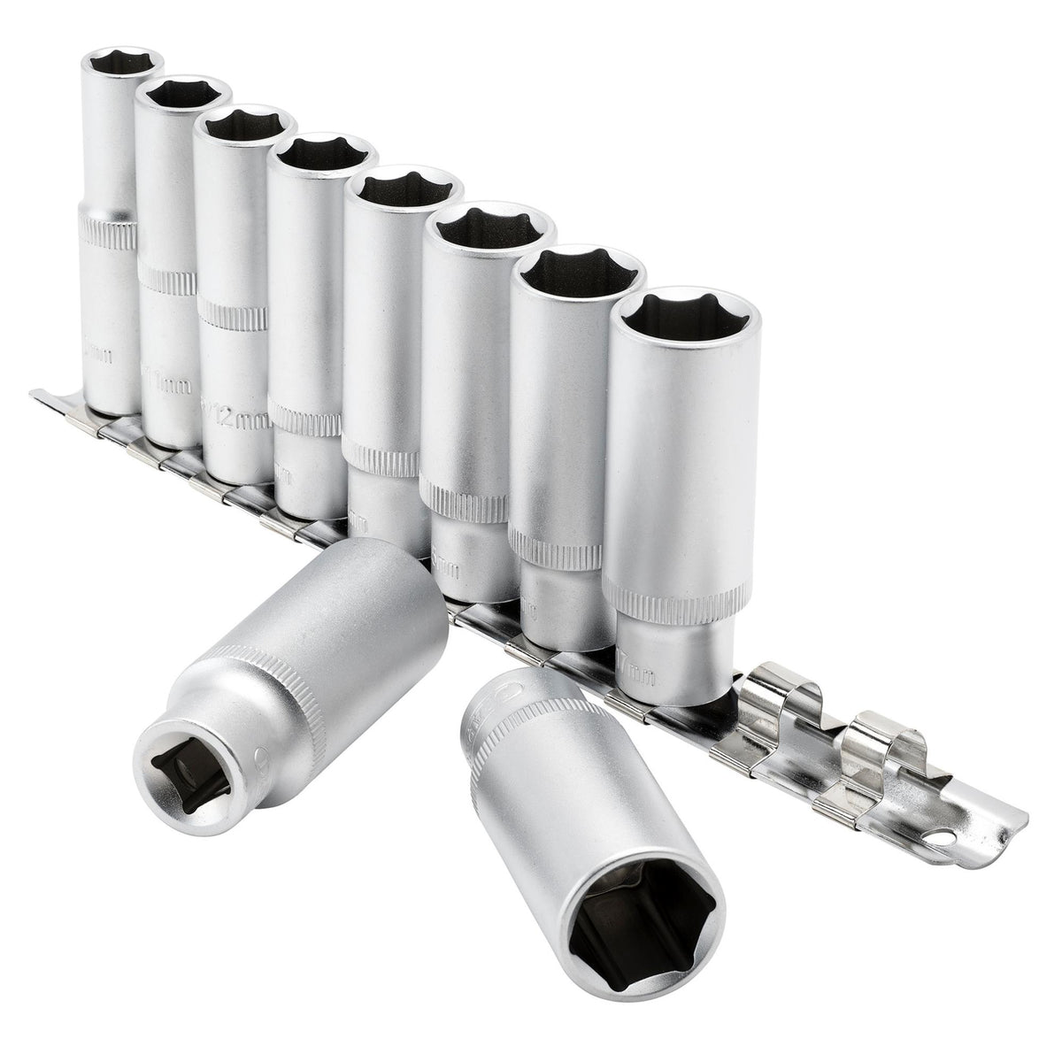 DRAPER 3/8" Square Drive Deep Socket Set on Metal Rail (10 Piece) : Model No. DD10MMD