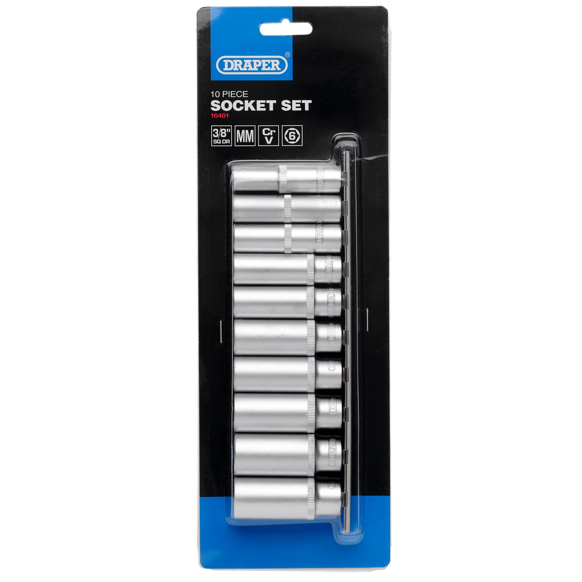 DRAPER 3/8" Square Drive Deep Socket Set on Metal Rail (10 Piece) : Model No. DD10MMD