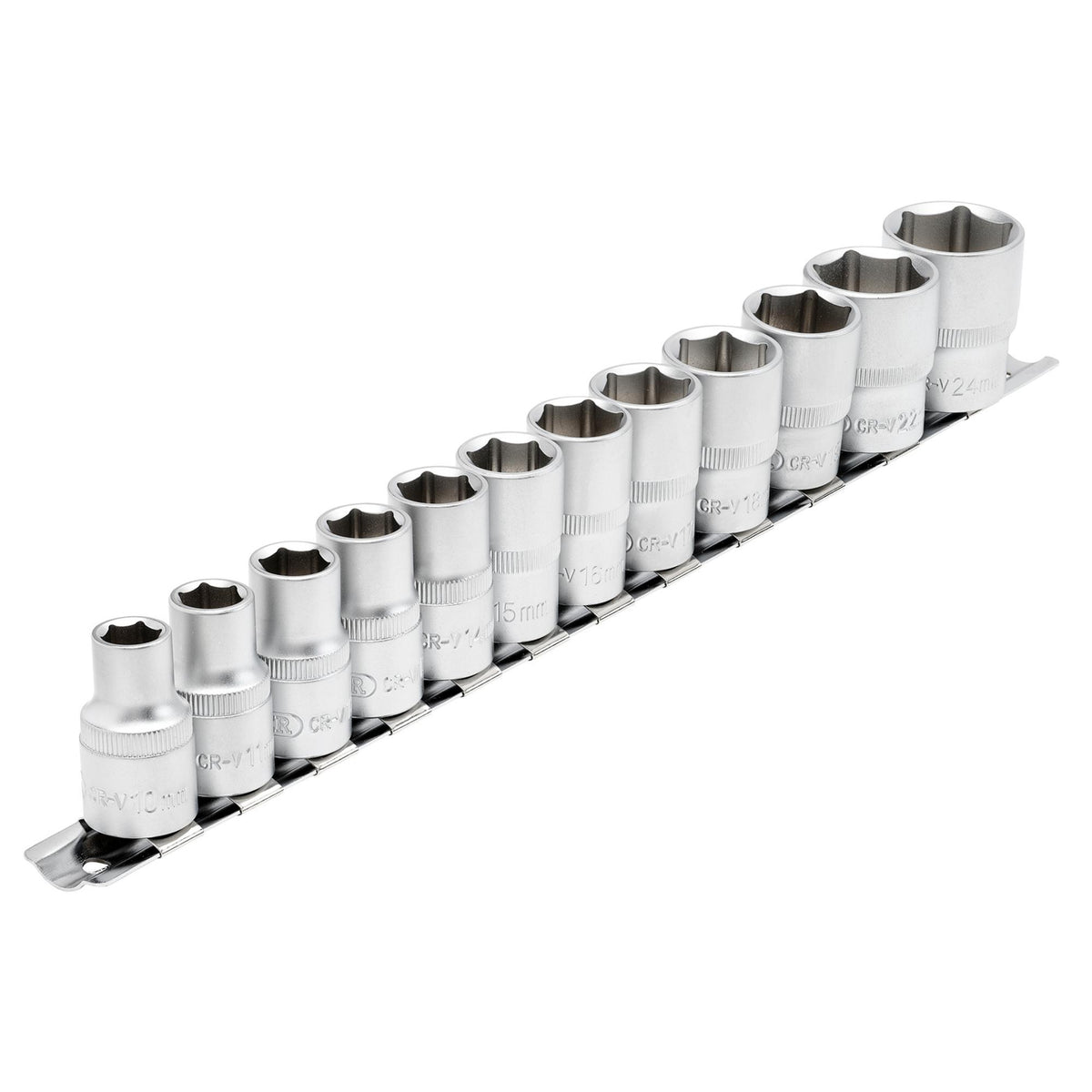 DRAPER 1/2" Square Drive Socket Set on Metal Rail (12 Piece) : Model No. HD12MM