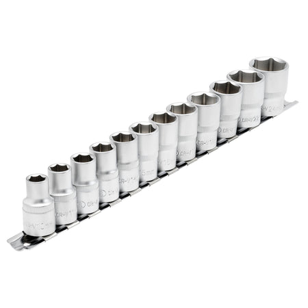 DRAPER 1/2" Square Drive Socket Set on Metal Rail (12 Piece) : Model No. HD12MM