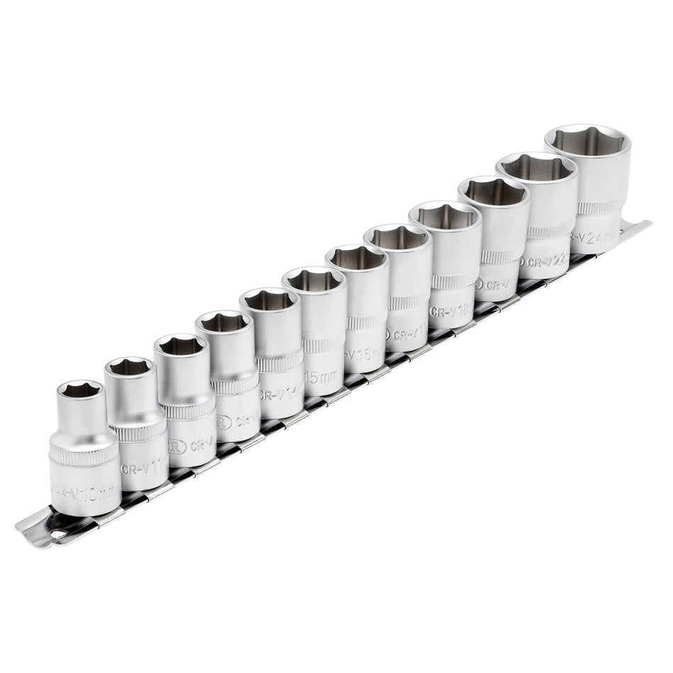 DRAPER 1/2" Square Drive Socket Set on Metal Rail (12 Piece) : Model No. HD12MM