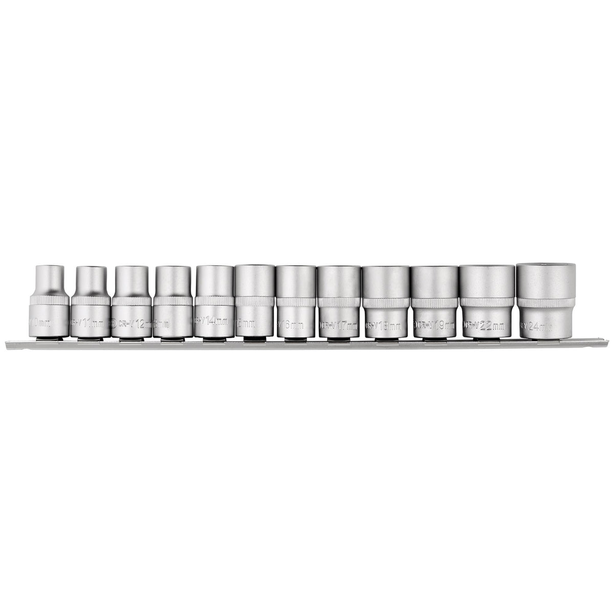 DRAPER 1/2" Square Drive Socket Set on Metal Rail (12 Piece) : Model No. HD12MM