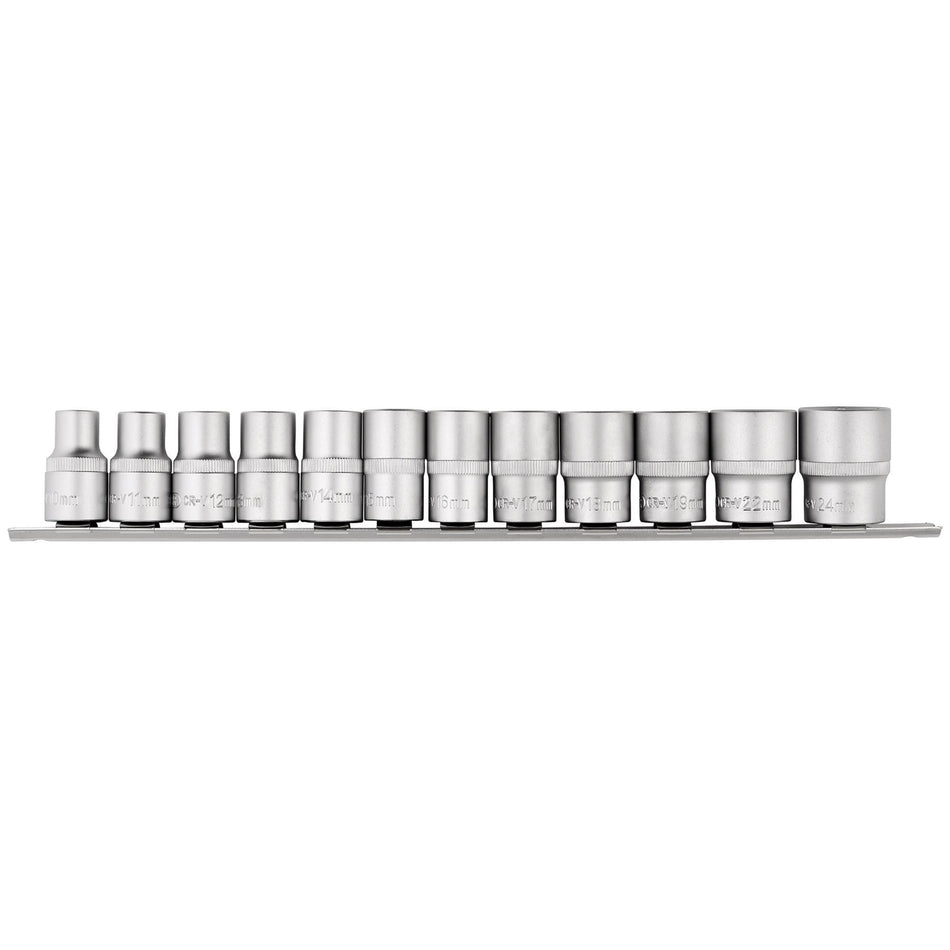 DRAPER 1/2" Square Drive Socket Set on Metal Rail (12 Piece) : Model No. HD12MM