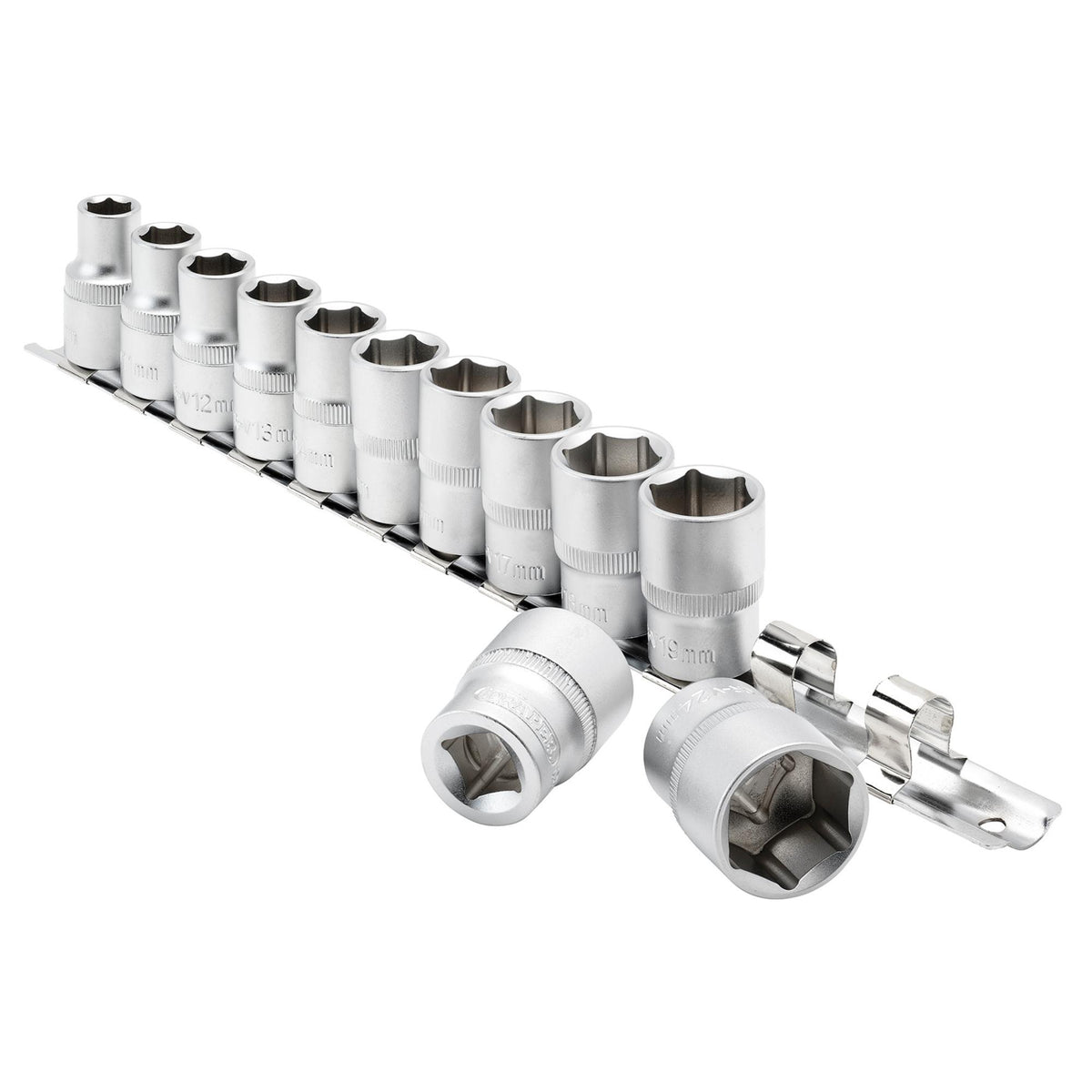 DRAPER 1/2" Square Drive Socket Set on Metal Rail (12 Piece) : Model No. HD12MM