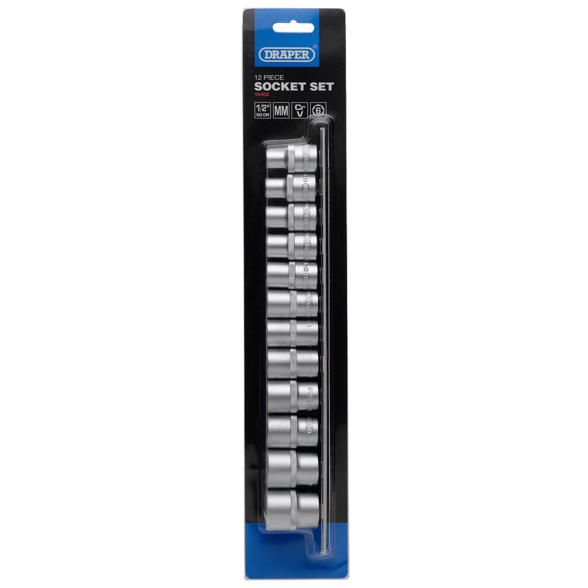 DRAPER 1/2" Square Drive Socket Set on Metal Rail (12 Piece) : Model No. HD12MM