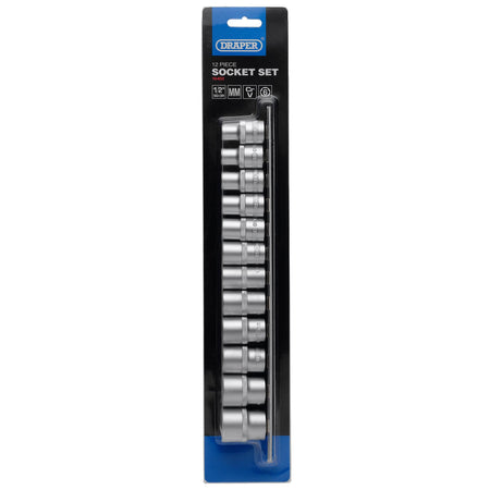 DRAPER 1/2" Square Drive Socket Set on Metal Rail (12 Piece) : Model No. HD12MM