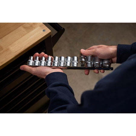 DRAPER 1/2" Square Drive Socket Set on Metal Rail (12 Piece) : Model No. HD12MM