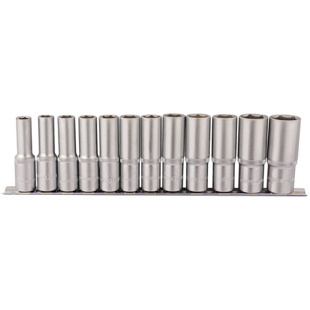 DRAPER 1/2" Square Drive Deep Socket Set on Metal Rail (12 Piece) : Model No. HD12MMD