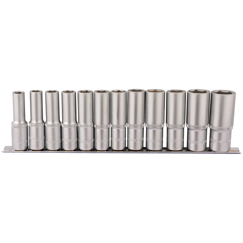 DRAPER 1/2" Square Drive Deep Socket Set on Metal Rail (12 Piece) : Model No. HD12MMD