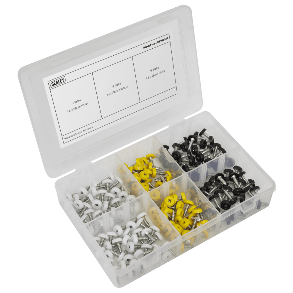 Sealey Numberplate Screw Assortment 195pc 4.8mm x 18mm - Plastic Enclosed Head Model No- AB195NP