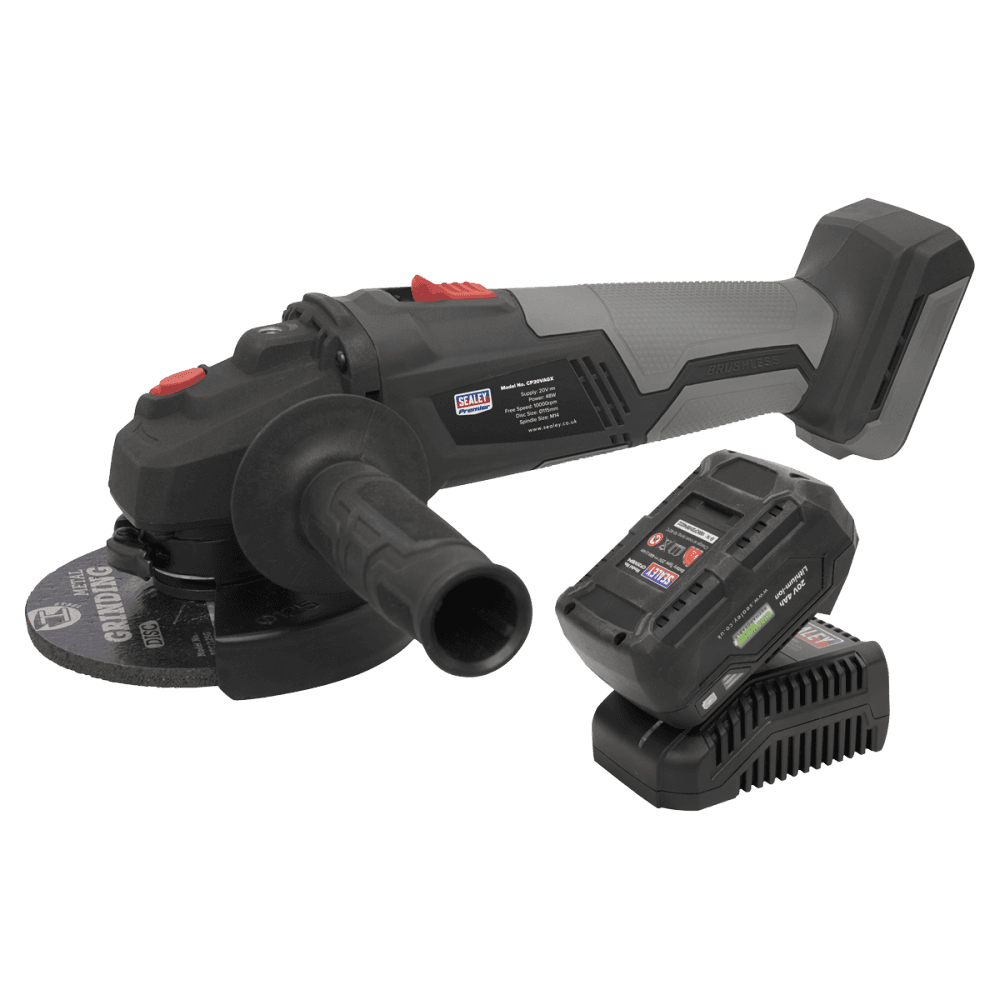 Sealey Premier SV20 Series 115mm Brushless Cordless Angle Grinder Kit 20V 4Ah Model No- CP20VAGXKIT1
