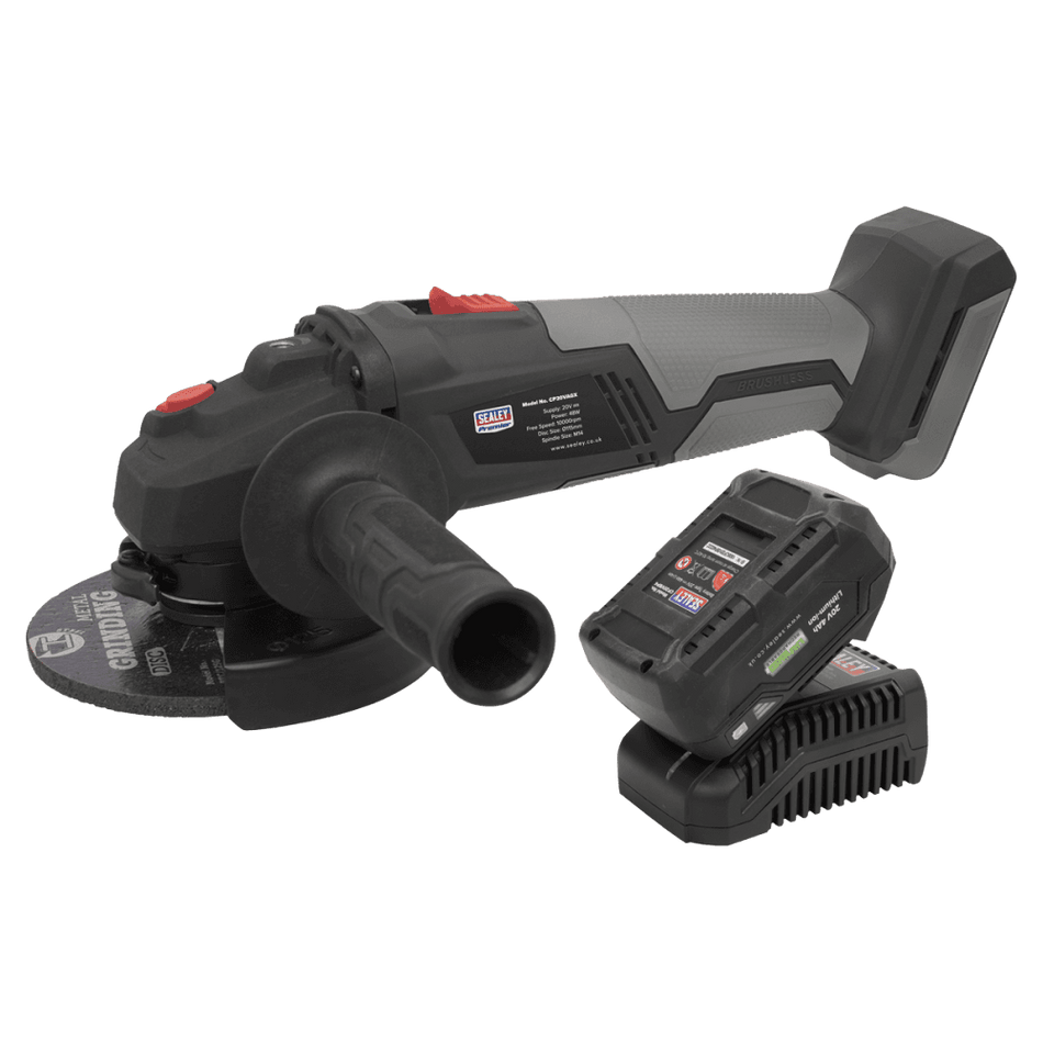 Sealey Premier SV20 Series 115mm Brushless Cordless Angle Grinder Kit 20V 4Ah Model No- CP20VAGXKIT1