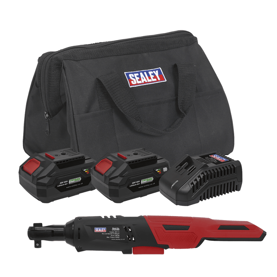 Sealey Cordless Ratchet Wrench 3/8"Sq Drive Kit 20V - 2 Batteries Model No- CP20VRWKIT