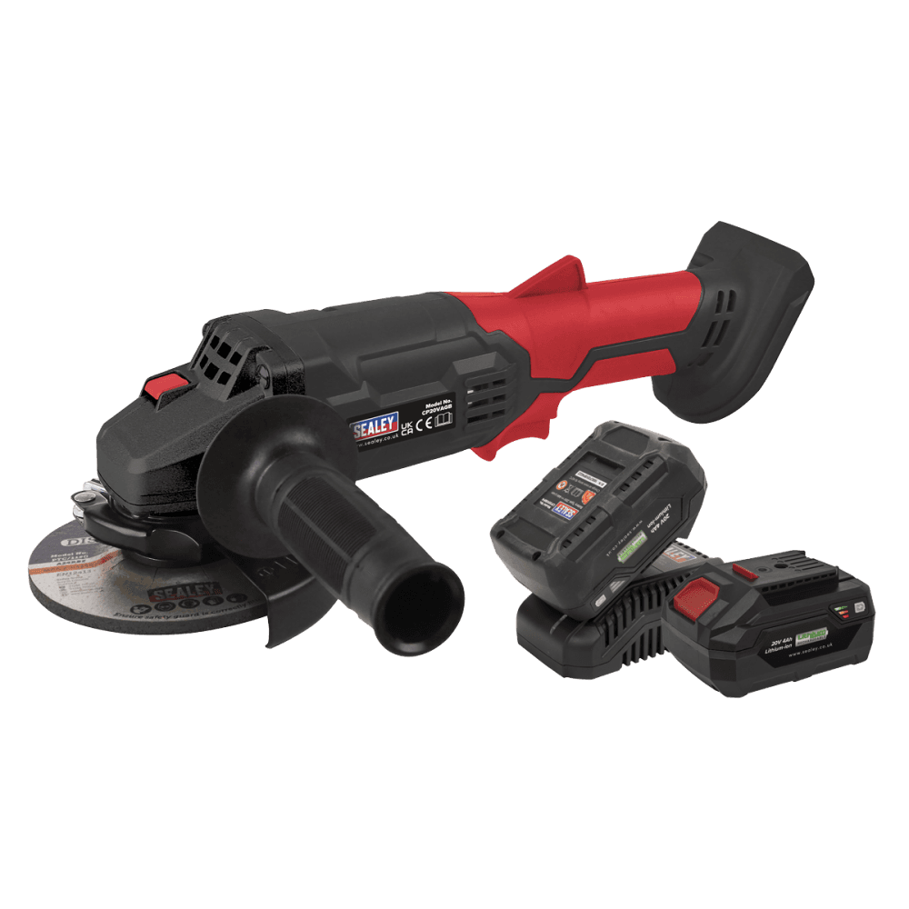 Sealey SV20 Series 115mm Cordless Angle Grinder Kit 20V 4Ah - 2 Batteries Model No- CP20VAGBKIT