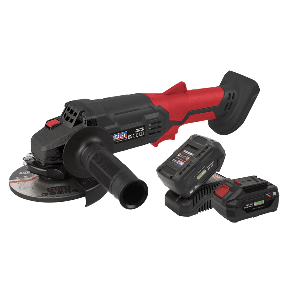 Sealey SV20 Series 115mm Cordless Angle Grinder Kit 20V 4Ah - 2 Batteries Model No- CP20VAGBKIT