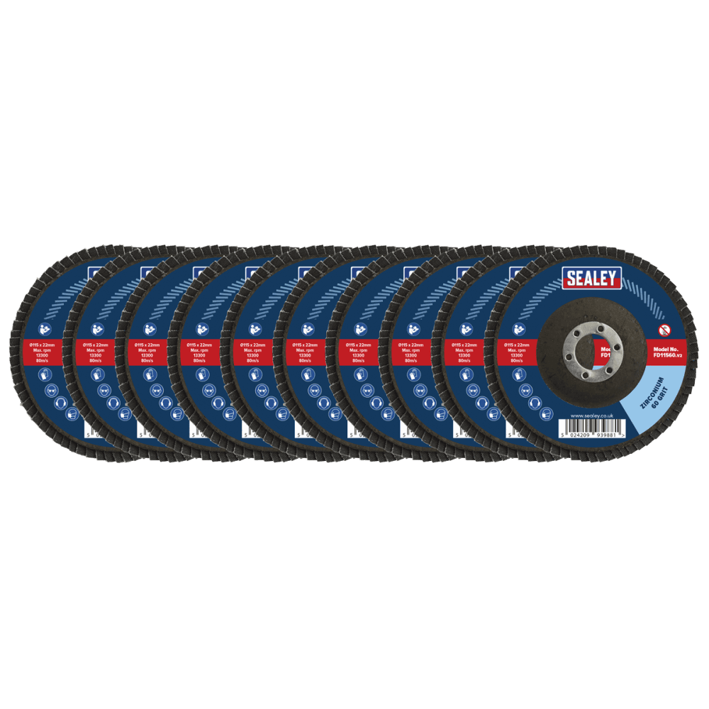 Sealey Assorted Grit Flap Discs Zirconium 115mm 22mm Bore - Pack of 10 Model No- FD115MIX