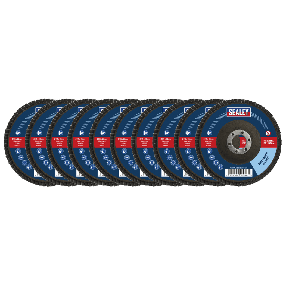 Sealey 115mm Zirconium Flap Discs Assorted Grit 22mm Bore - Pack of 10 Model No- FD115MIX