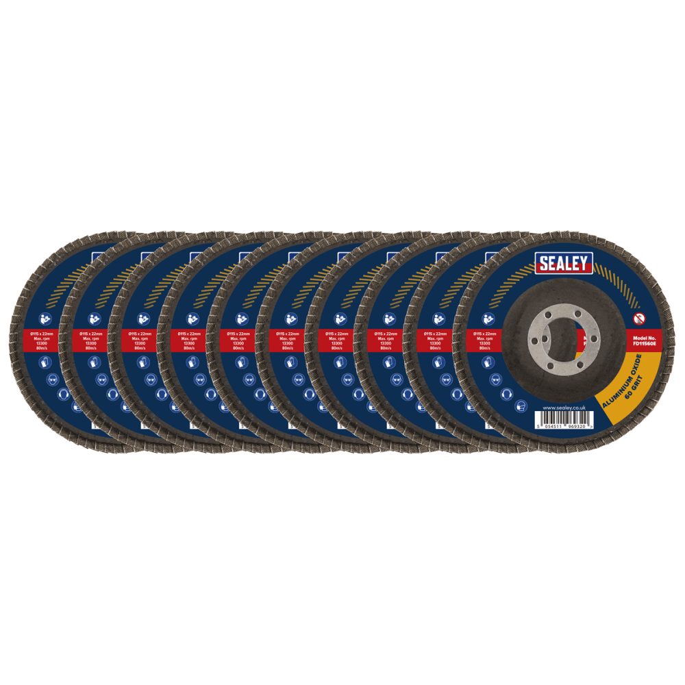 Sealey 115mm Aluminium Oxide Flap Discs Assorted Grit 22mm Bore - Pack of 10 Model No- FD115EMIX