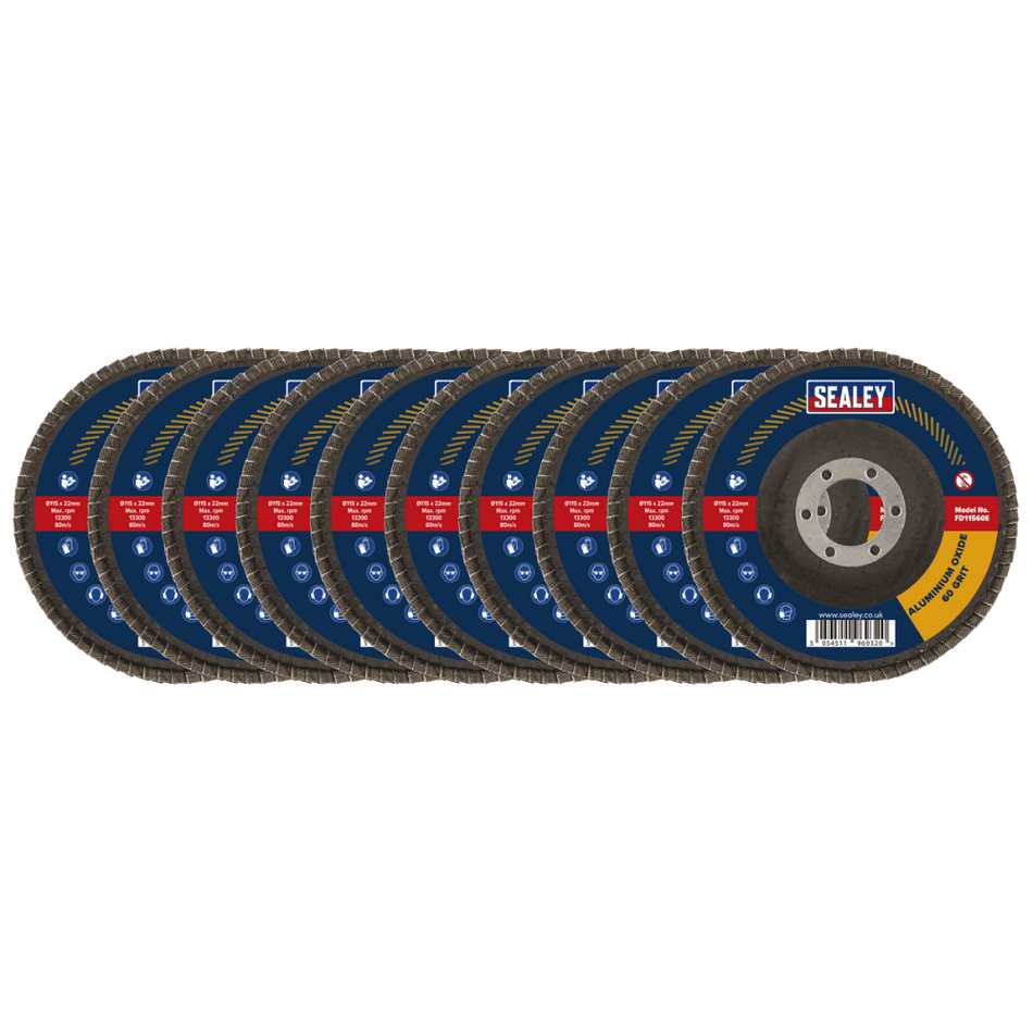 Sealey 115mm Aluminium Oxide Flap Discs Assorted Grit 22mm Bore - Pack of 10 Model No- FD115EMIX