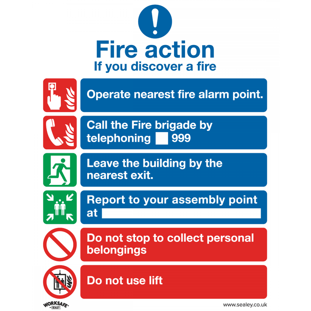 Sealey Safe Conditions Safety Sign - Fire Action With Lift - Rigid Plastic - Pack of 10 Model No- SS19P10