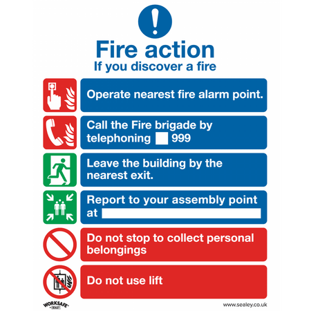 Sealey Safe Conditions Safety Sign - Fire Action With Lift - Rigid Plastic - Pack of 10 Model No- SS19P10