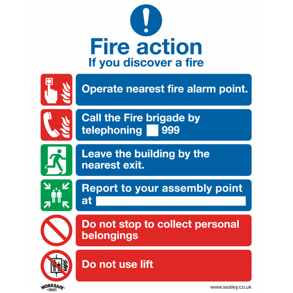 Sealey Safe Conditions Safety Sign - Fire Action With Lift - Self-Adhesive Vinyl Model No- SS19V1