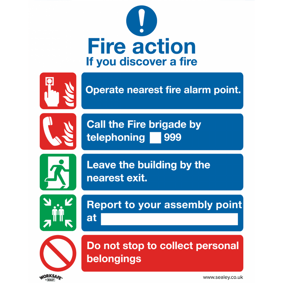 Sealey Safe Conditions Safety Sign - Fire Action Without Lift - Rigid Plastic Model No- SS20P1