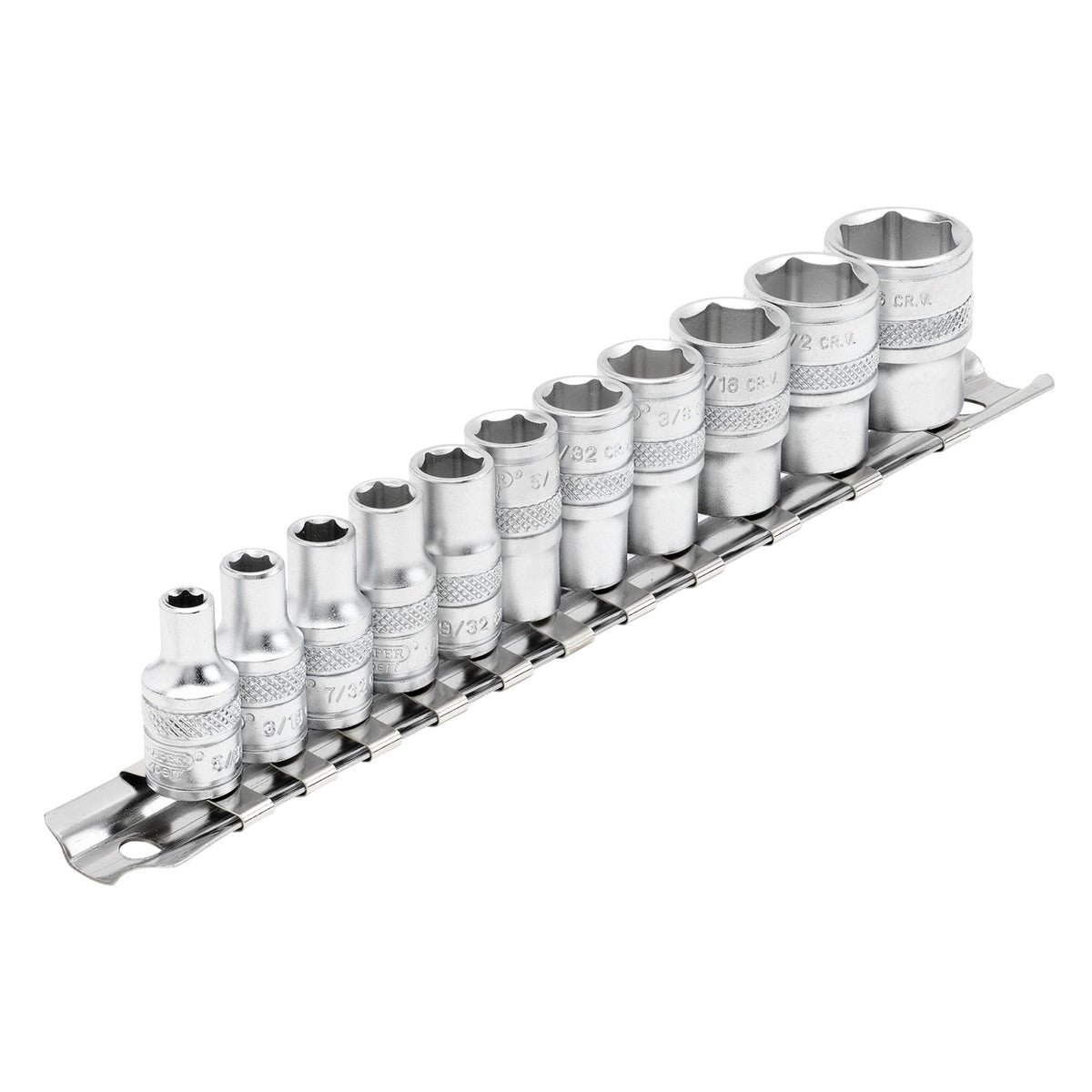DRAPER 1/4" Sq. Dr. Imperial Sockets on Metal Rail (11 piece) : Model No. B11A/SR