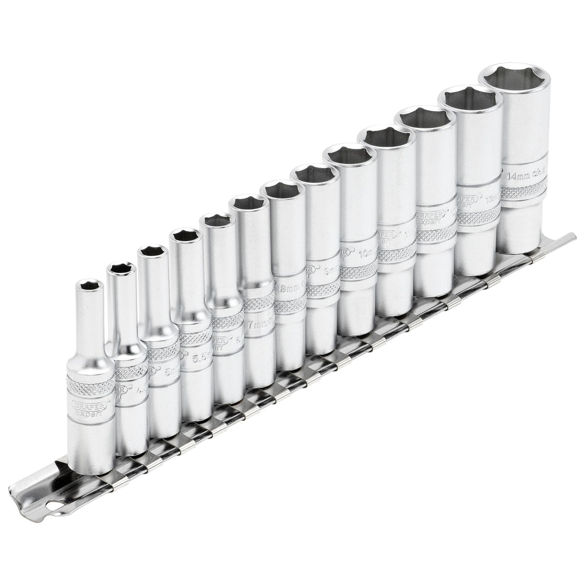 DRAPER 1/4" Sq. Dr. Deep Metric Sockets on Metal Rail (13 piece) : Model No. B13MD/SR