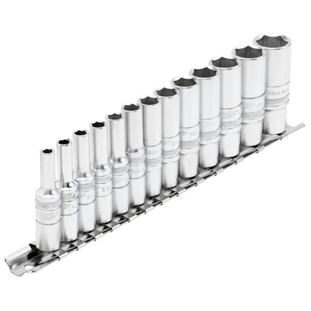 DRAPER 1/4" Sq. Dr. Deep Metric Sockets on Metal Rail (13 piece) : Model No. B13MD/SR