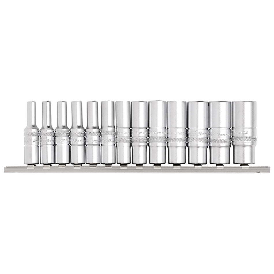 DRAPER 1/4" Sq. Dr. Deep Metric Sockets on Metal Rail (13 piece) : Model No. B13MD/SR