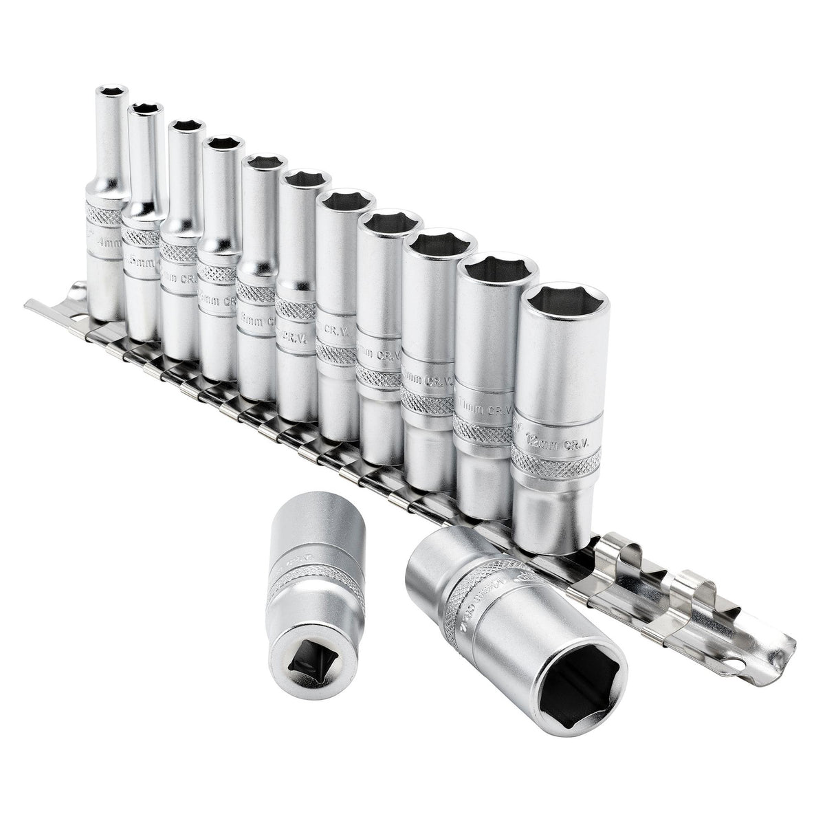 DRAPER 1/4" Sq. Dr. Deep Metric Sockets on Metal Rail (13 piece) : Model No. B13MD/SR