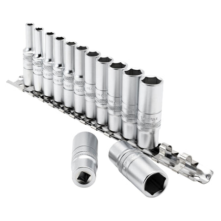 DRAPER 1/4" Sq. Dr. Deep Metric Sockets on Metal Rail (13 piece) : Model No. B13MD/SR