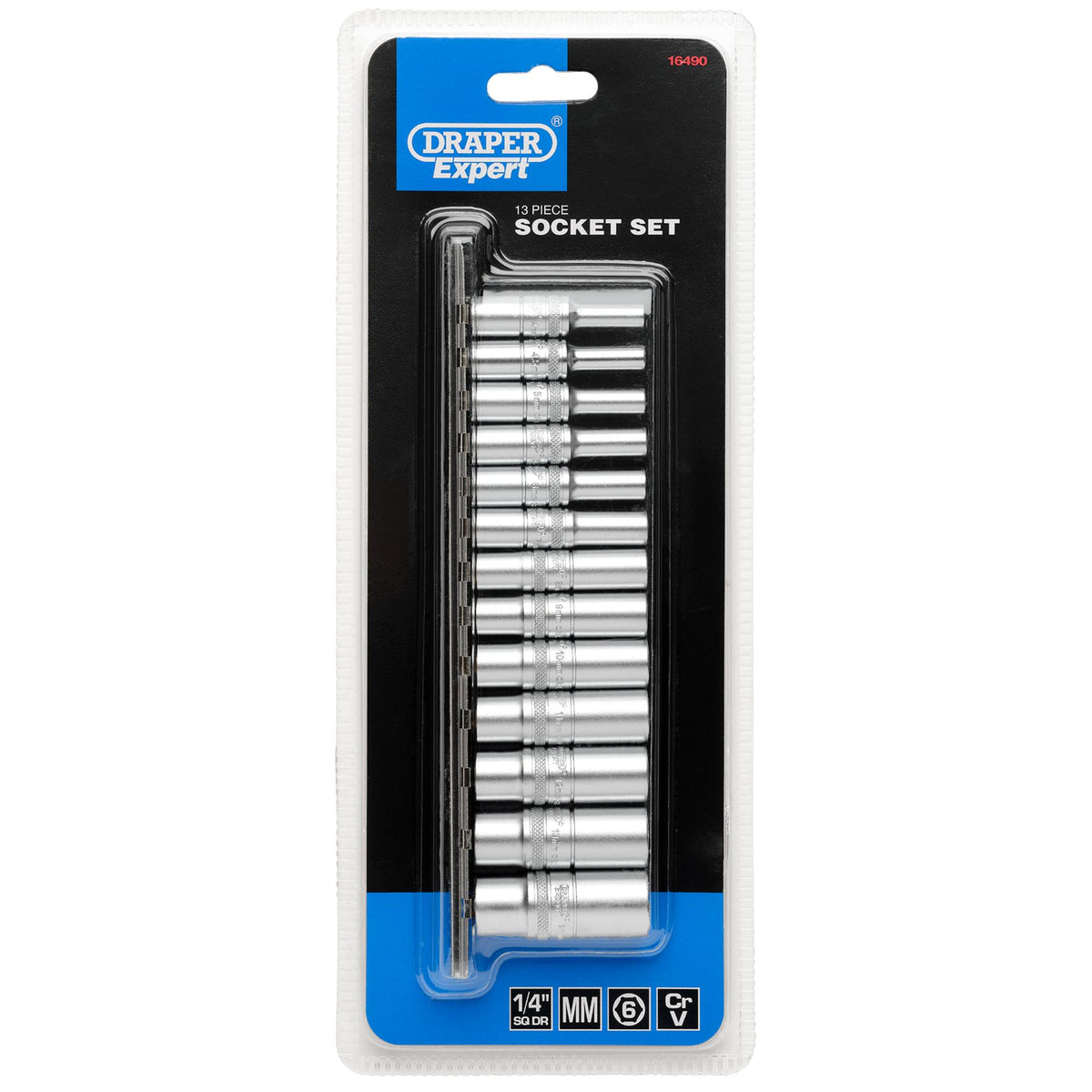 DRAPER 1/4" Sq. Dr. Deep Metric Sockets on Metal Rail (13 piece) : Model No. B13MD/SR