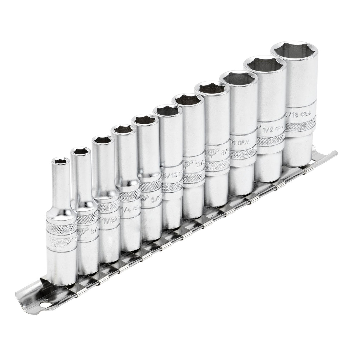 DRAPER 1/4" Sq. Dr. Imperial Deep Sockets on Metal Rail (11 piece): Model No. B11AD/SR