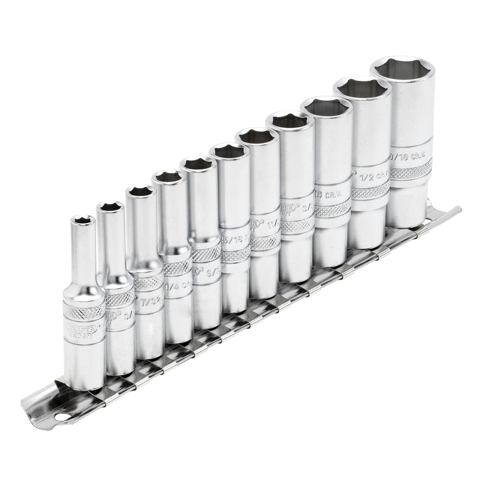 DRAPER 1/4" Sq. Dr. Imperial Deep Sockets on Metal Rail (11 piece): Model No. B11AD/SR