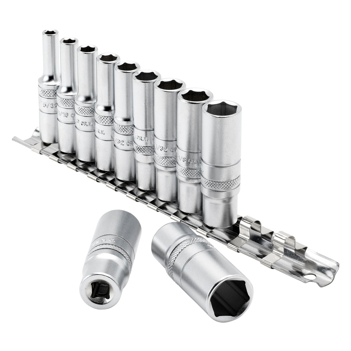 DRAPER 1/4" Sq. Dr. Imperial Deep Sockets on Metal Rail (11 piece): Model No. B11AD/SR