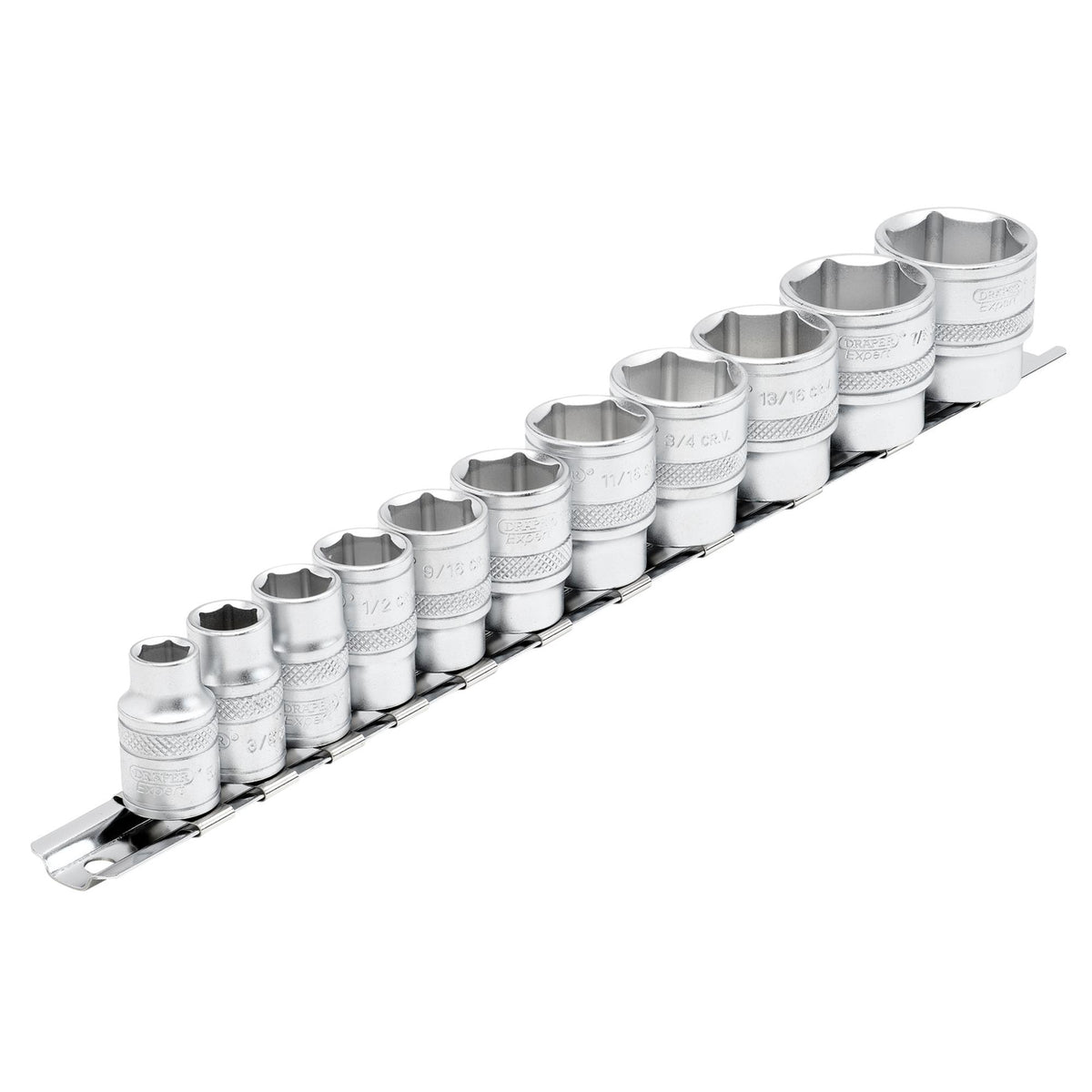 DRAPER 3/8" Sq. Dr. Imperial Socket Set on Metal Rail (11 Piece): Model No. D11A/SR