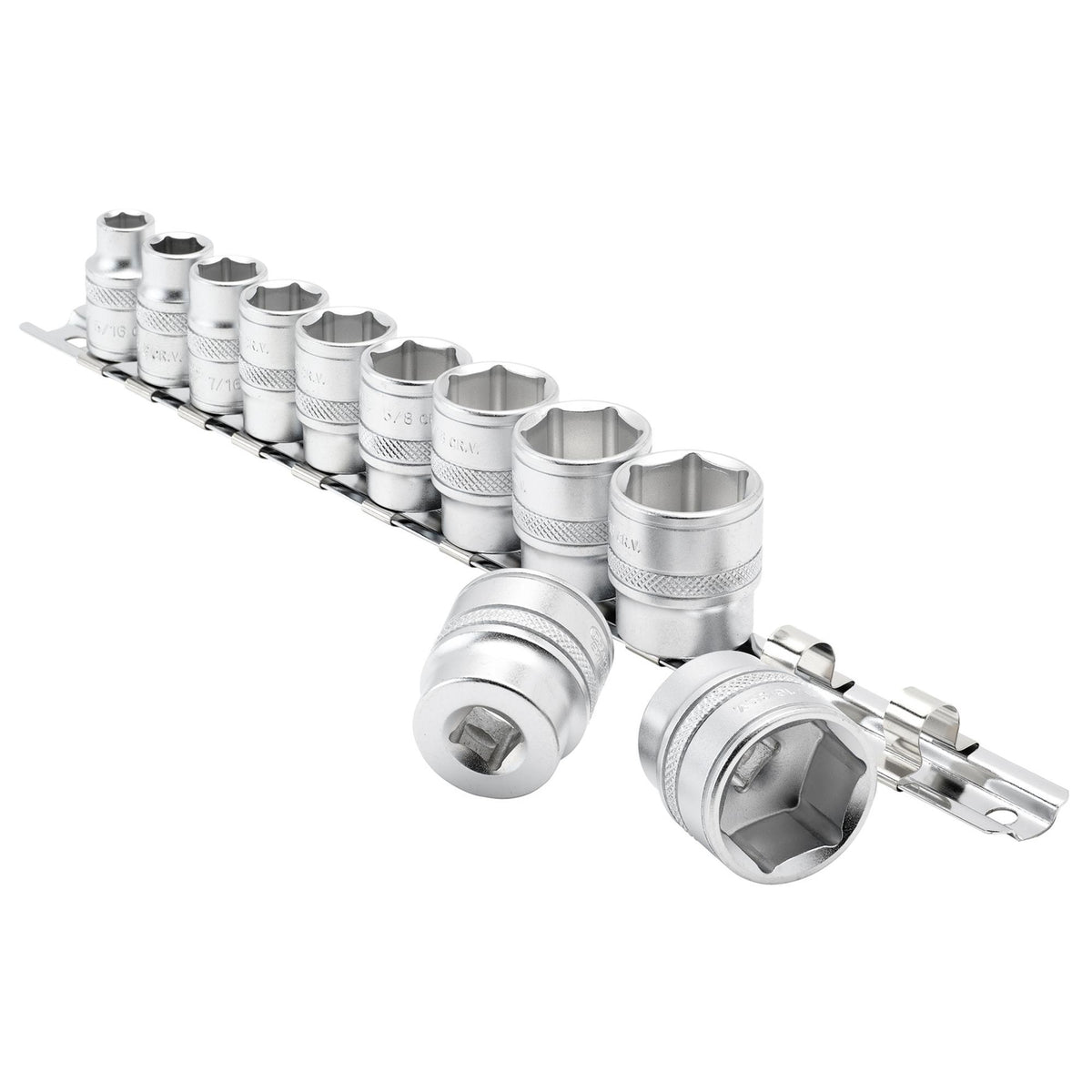 DRAPER 3/8" Sq. Dr. Imperial Socket Set on Metal Rail (11 Piece): Model No. D11A/SR