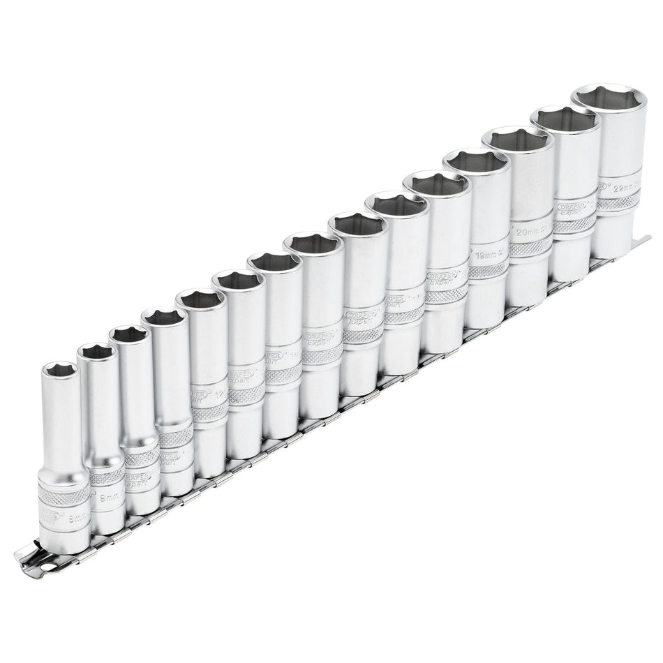 DRAPER 3/8" Sq. Dr. Metric Deep Socket Set on Metal Rail (15 Piece): Model No. D15MD/SR