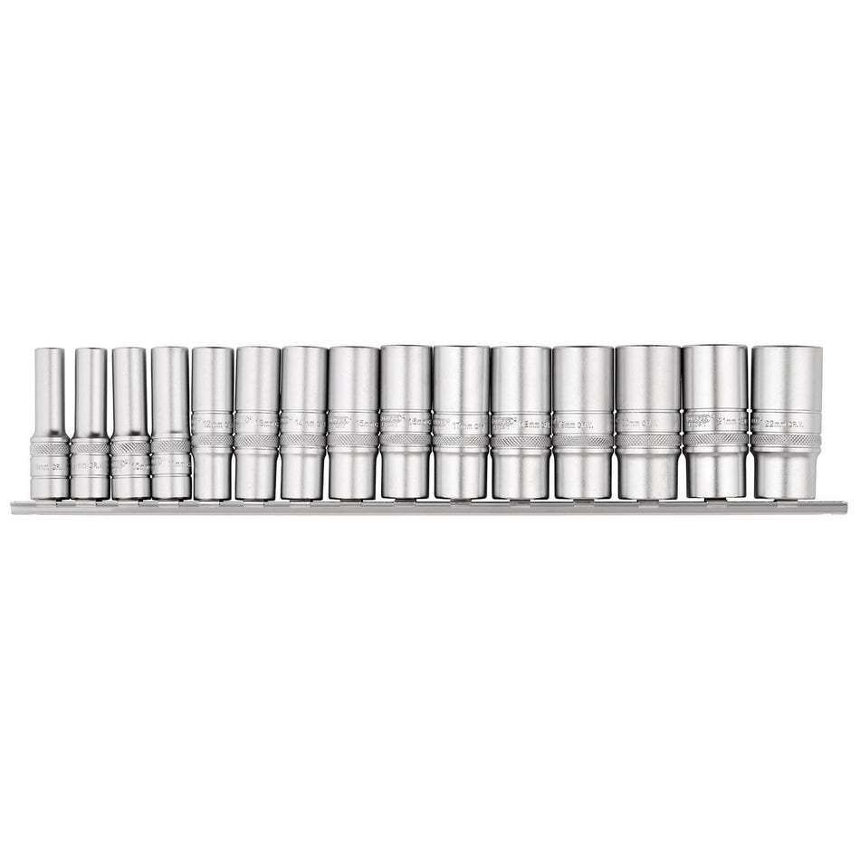 DRAPER 3/8" Sq. Dr. Metric Deep Socket Set on Metal Rail (15 Piece): Model No. D15MD/SR