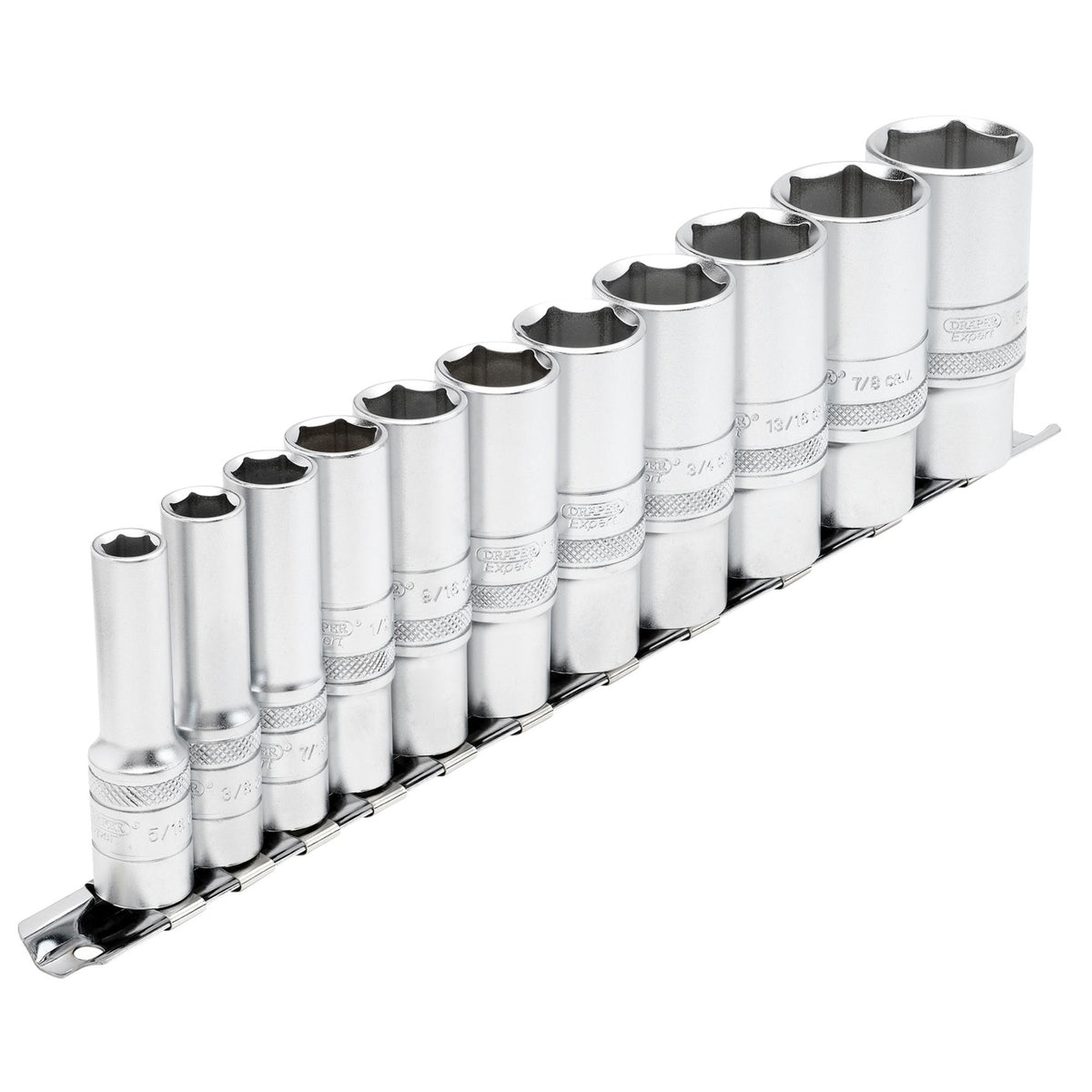 DRAPER 3/8" Sq. Dr. Imperial Deep Socket Set on Metal Rail (11 Piece): Model No. D11AD/SR