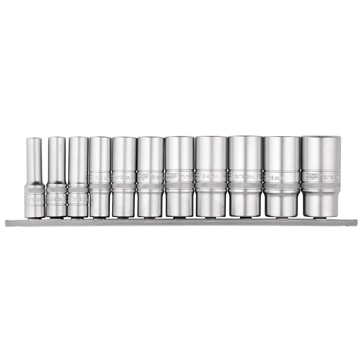 DRAPER 3/8" Sq. Dr. Imperial Deep Socket Set on Metal Rail (11 Piece): Model No. D11AD/SR