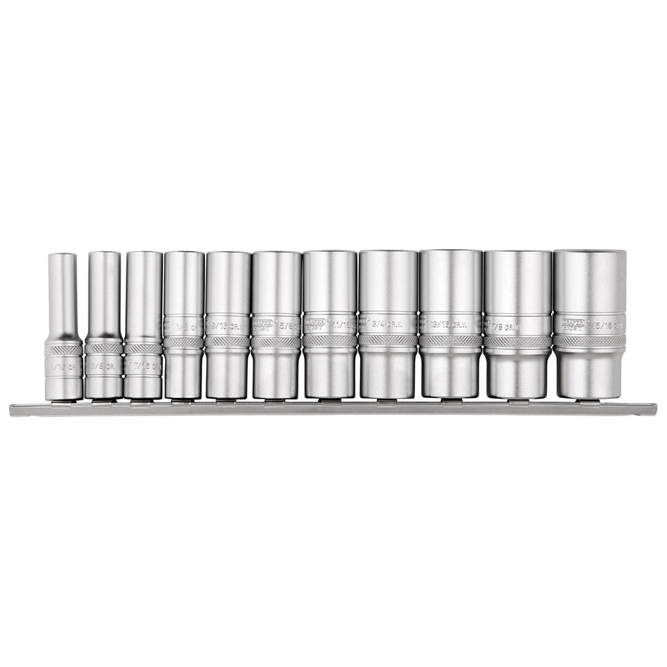 DRAPER 3/8" Sq. Dr. Imperial Deep Socket Set on Metal Rail (11 Piece): Model No. D11AD/SR