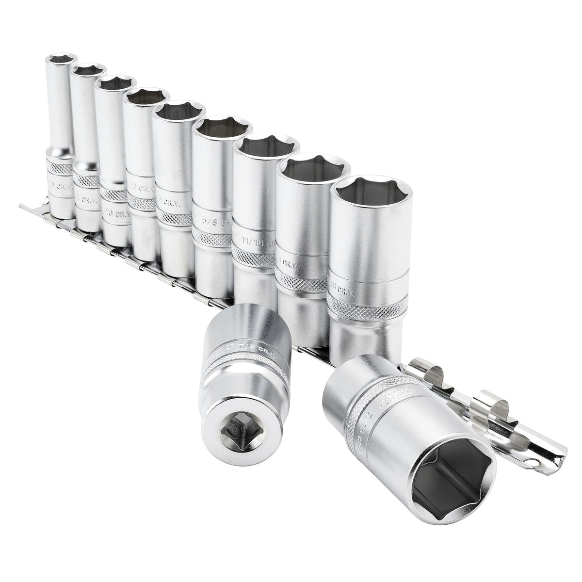 DRAPER 3/8" Sq. Dr. Imperial Deep Socket Set on Metal Rail (11 Piece): Model No. D11AD/SR